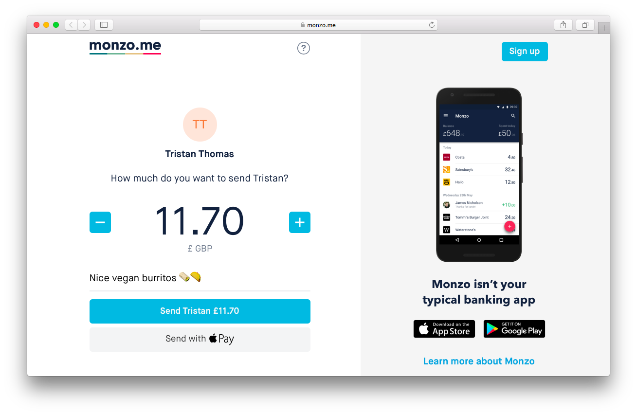 Monzo.me page