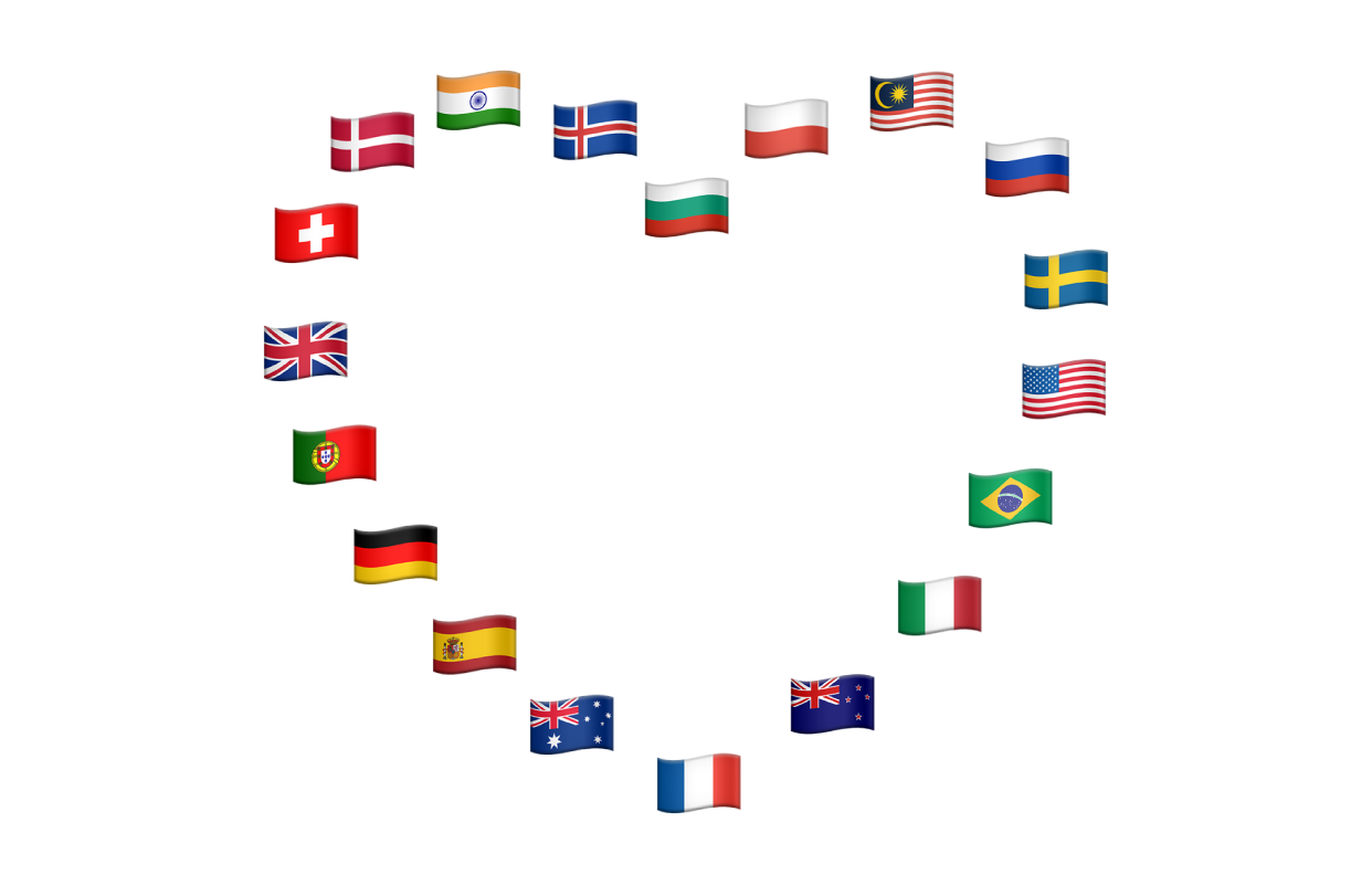 A heart formed of flags of various countries in Europe, Asia and the Americas
