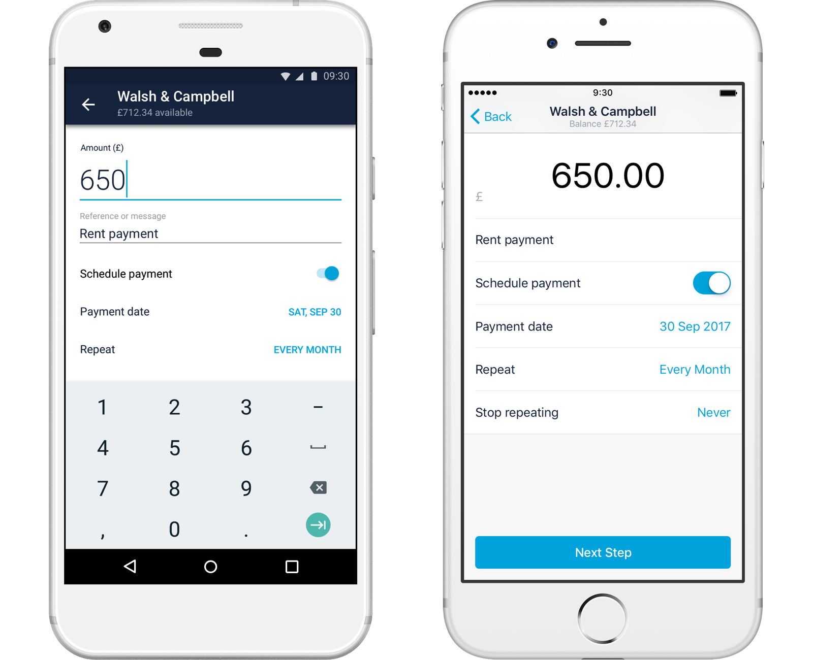 Screenshots of current account direct debit in both Android and iOS