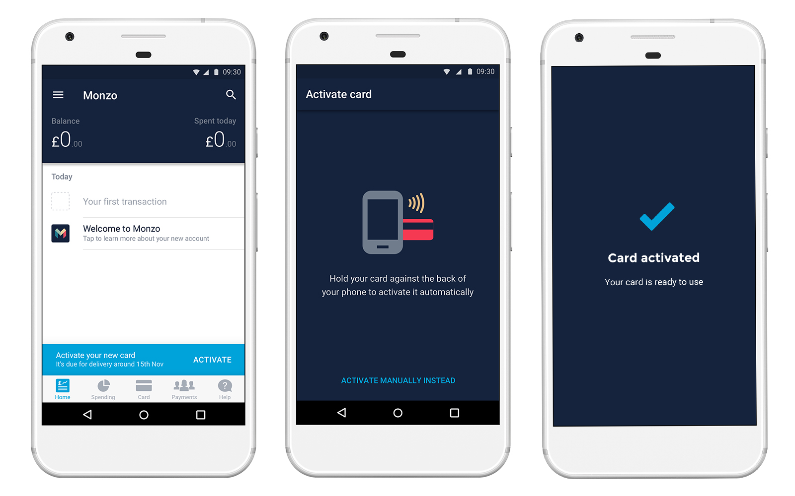 Screenshots of the NFC-powered one-tap card activation flow