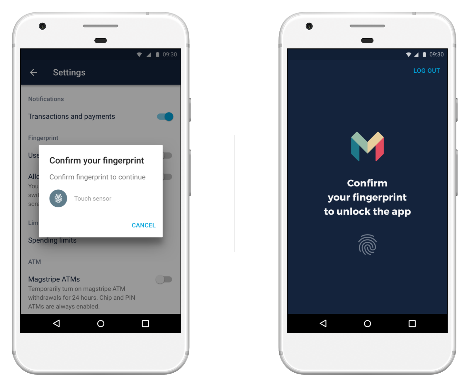 Screen showing fingerprint unlock in the Monzo Android app