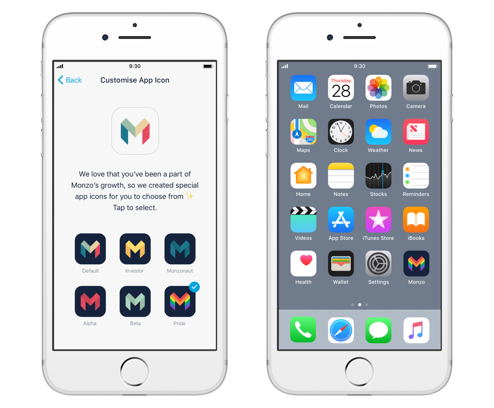 Shots of custom app icons on iOS
