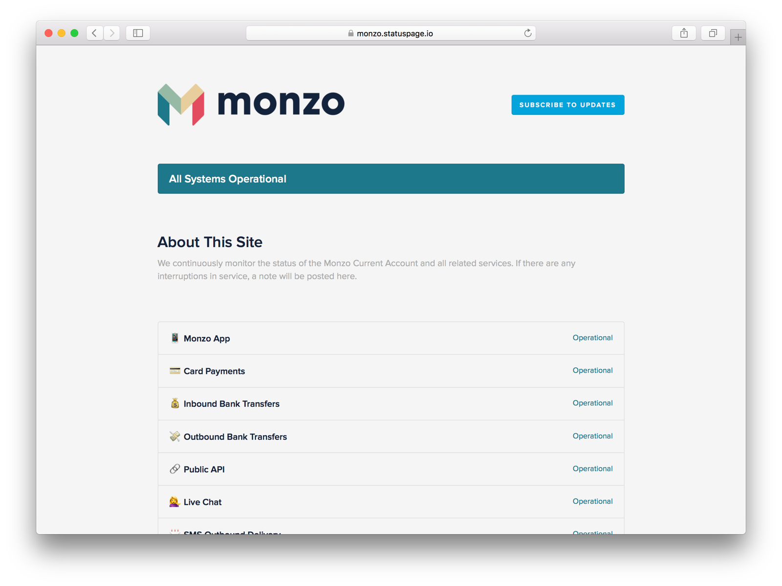 Screenshot of the Monzo public status page