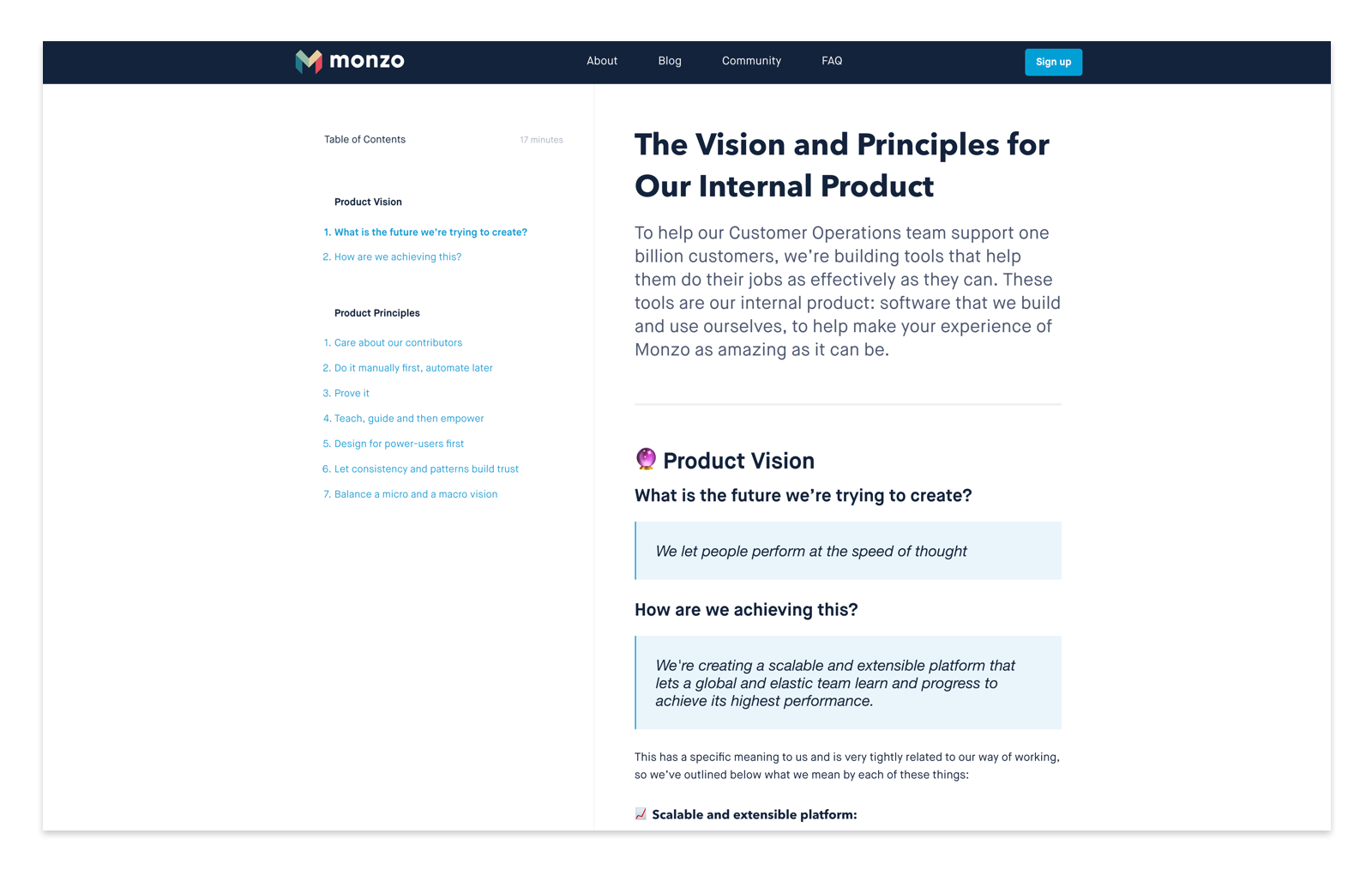 Screenshot of the Vision and Principles for Our Internal Product