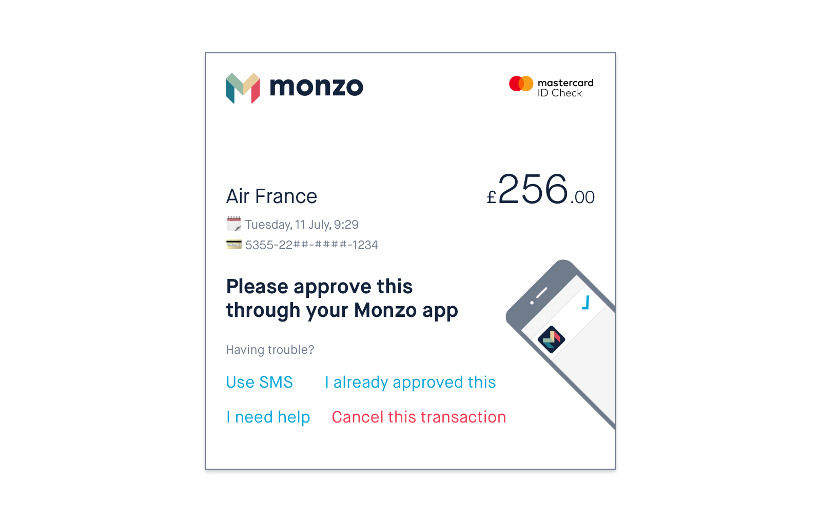 Screenshot of the Monzo 3D Secure experience
