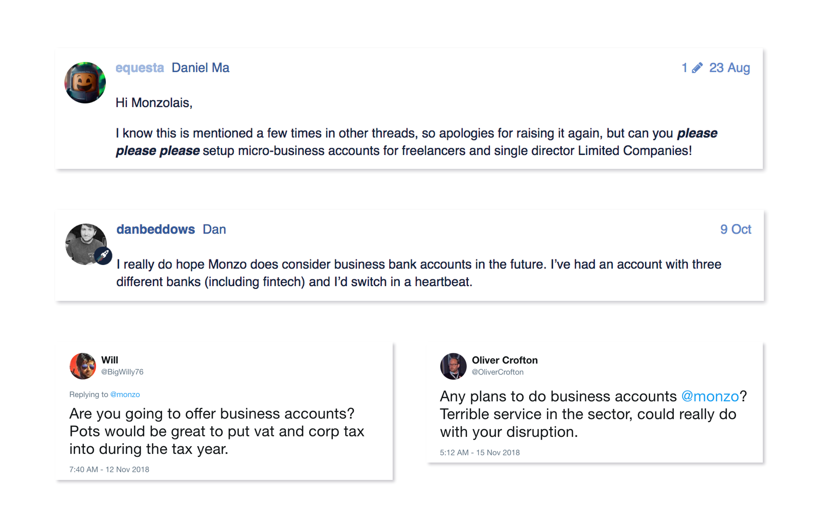 Community forum comments asking if Monzo is going to do business accounts