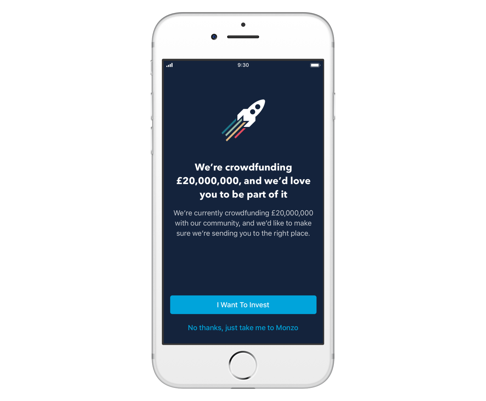Screen in the Monzo app asking if customers came to invest or use the Monzo app as usual